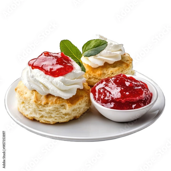 Obraz Delicious Buttery Scones with Jam and Cream, Afternoon Tea, Isolated on Transparent Background