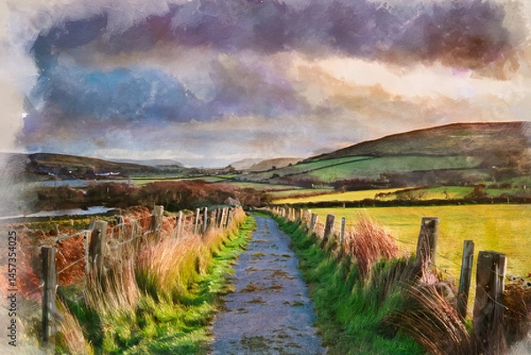 Fototapeta Pastel painting style image of path in countryside under overcast skies in Ireland