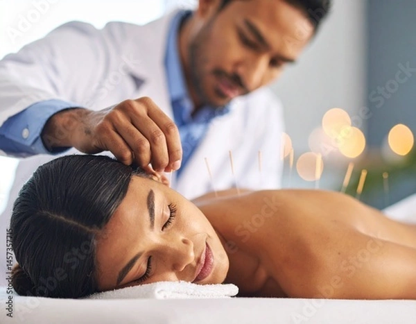 Obraz Jeune femme recevant un traitement d'acupuncture. Le médecin enfonce des aiguilles dans le corps de la femme lors de l'acupuncture - gros plan