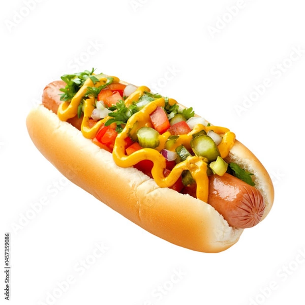 Fototapeta Delicious hot dog in a soft bun topped with mustard relish and onions