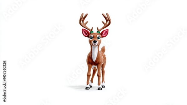 Fototapeta Cute animated reindeer character with antlers and festive decorations, standing upright in minimalistic style. This charming mascot brings joy and holiday spirit to any setting