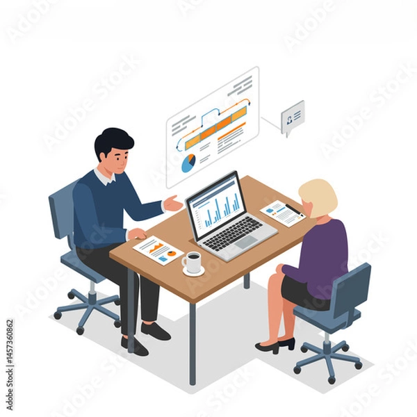 Fototapeta Isometric office meeting with manager explaining workflow to new employee, business training at table with laptop and reports, vector style, white background