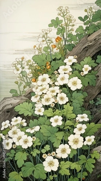 Obraz Traditional japanese wood block print illustration of primroses againts grass on ground in flat lay view flower plant leaf.