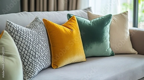 Obraz Elegant home decor soft velvet cushions on sofa grey background room teal gold green beige space