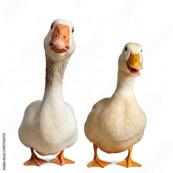 Fototapeta Two white birds, a goose on the left and a duck on the right,