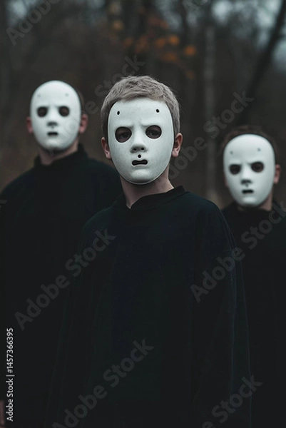 Obraz Group of masked figures in a forest.