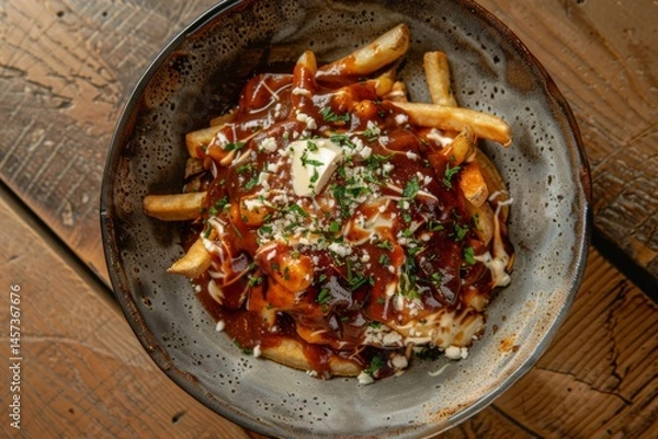 Obraz Classic Canadian poutine dish with crispy fries cheese curds and rich gravy studio shot on rustic wood