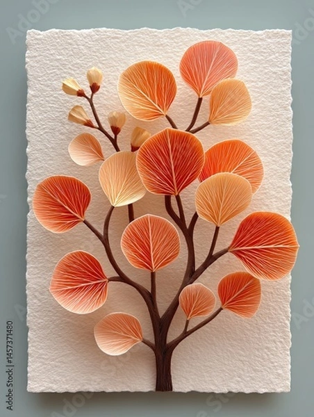 Fototapeta Botanical fine art photography collection, Beautiful paper art tree with delicate, colorful leaves displayed. Botanical fine art inspired compositions, minimalist floral archive