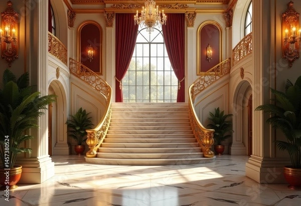 Fototapeta opulent marble staircase grand entrance hall elegant design luxury home interior decoration, elegance, architecture, opulence, shape, curve, step, detail