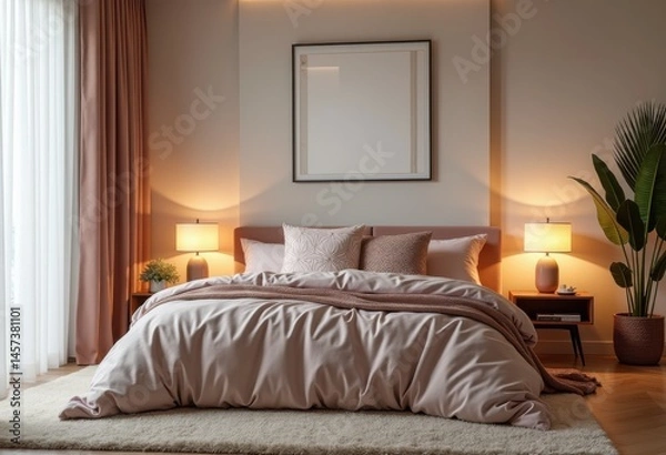 Fototapeta stylish bedroom cozy textured bedding aesthetic decorative pillows soft lighting elegant decor modern design warm atmosphere, blanket, comforter, textures