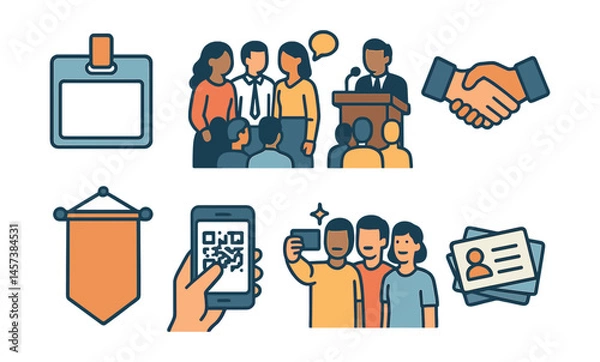 Fototapeta Networking event icons set – badge, group, speaker, handshake, banner, qr code, selfie, cards. Vector icons set