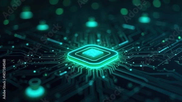 Obraz A glowing prompt button sits over an AI circuit board interface, symbolizing innovation in data processing and advanced digital software systems.