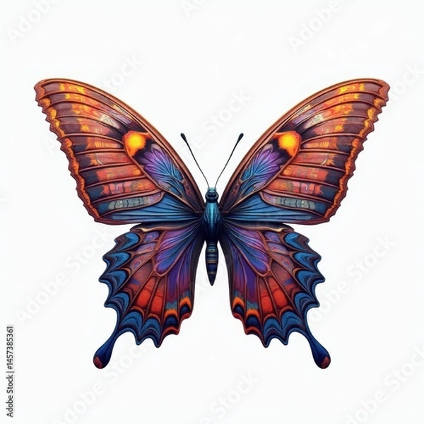Obraz A stunning fractal butterfly with complex symmetrical patterns and vibrant colors on a clean white background, perfect for design projects.
