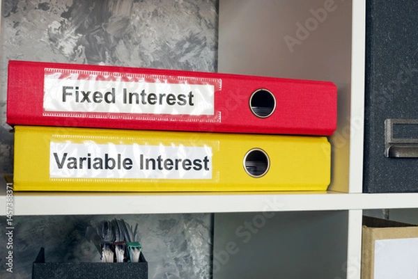 Obraz Folders labeled fixed and variable interest. Loan management.