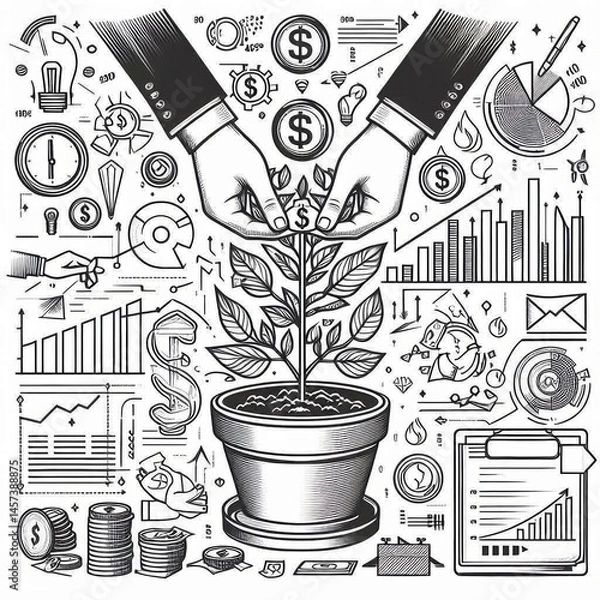 Obraz image symbolizes the growth of investments and financial planning. hands grow a money tree in a pot surrounded by graphs, charts, and financial symbols.visual image of success and prosperity..