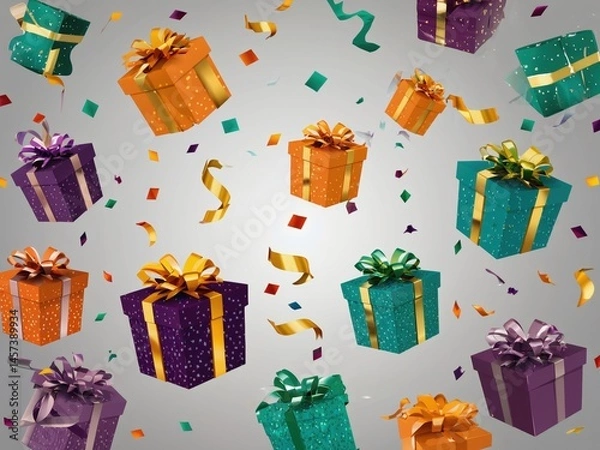 Obraz Background with colorful gifts with bows on a gray background surrounded by confetti and streamers, creating a festive and joyful atmosphere.