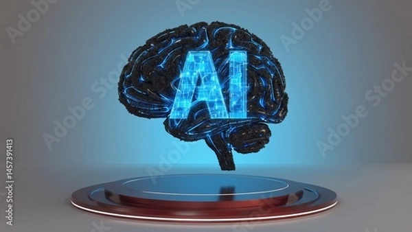 Obraz Brain graphics with neon lines and AI letters, symbolizing artificial intelligence and advanced technologies of the future.