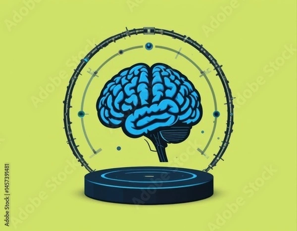 Fototapeta An illustration of the brain with a digital environment and glowing lines, symbolizing the development of intelligence and technology of the future.