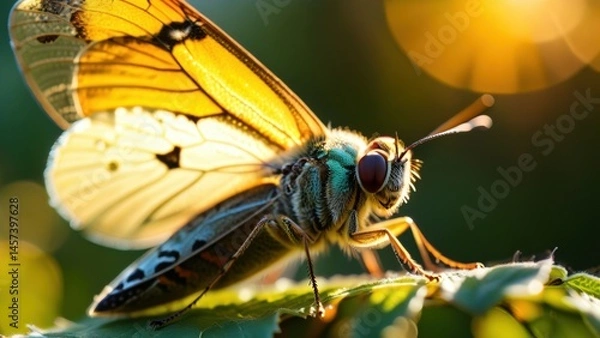 Fototapeta Close-Up of Vibrant Butterfly with Detailed Wings Sitting on Leaf Under Soft Sunlight in a Natural Setting, Showcasing Colors and Textures of Nature