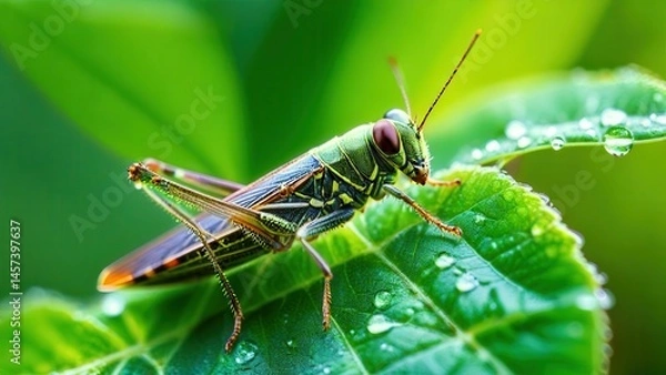 Fototapeta Close-up of a vibrant green grasshopper perched on a fresh leaf adorned with water droplets, showcasing intricate details of its wings and body in nature