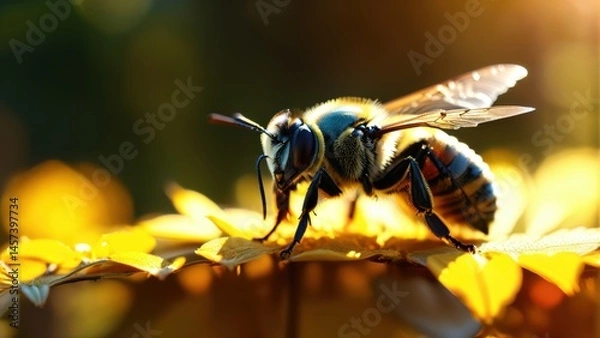 Fototapeta Close-Up View of a Honey Bee on a Bright Yellow Flower Petal in a Warm Natural Environment During a Beautiful Sunny Day