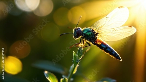 Fototapeta Close-Up of a Colorful Insect with Iridescent Wings Perched on a Leaf Under a Golden Sunlight Background in a Natural Environment