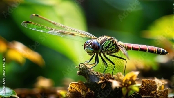 Fototapeta Colorful dragonfly perched on a branch with blurred green foliage background, showcasing intricate details of wings and body in nature setting