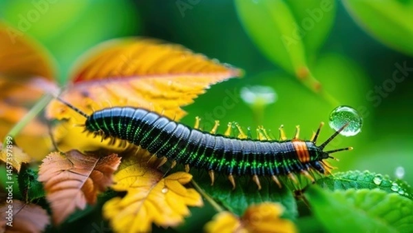 Fototapeta Colorful Caterpillar Crawling on Vibrant Green Leaves with Dew Drops in a Lush Natural Setting in Detailed Macro Photography