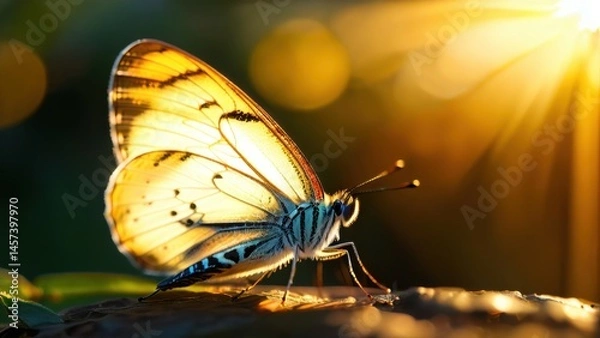Fototapeta Stunning close-up of a butterfly perched gracefully on a leaf, illuminated by warm sunlight, showcasing detailed wings and vibrant colors against a soft background