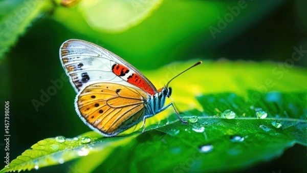 Fototapeta Colorful butterfly perched on a green leaf with water droplets glistening in sunlight capturing the essence of nature's beauty and vibrant colors