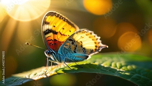 Fototapeta Vibrant Butterfly on Green Leaf Under Sunlight with Bokeh Background Captured in Nature's Splendor, Symbolizing Beauty and Transformation
