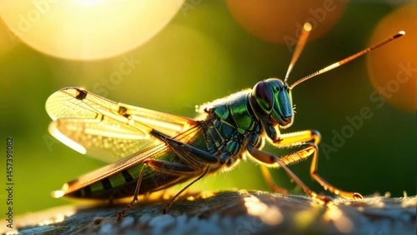 Fototapeta Close-Up of a Colorful Grasshopper Sitting on a Wooden Surface with Blurred Background and Soft Light Highlights in Nature