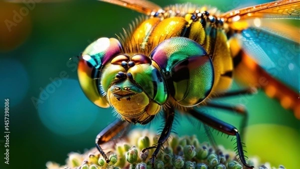 Fototapeta Colorful close-up of a dragonfly displaying intricate patterns and vibrant colors of its compound eyes in a natural outdoor setting with soft blurred background