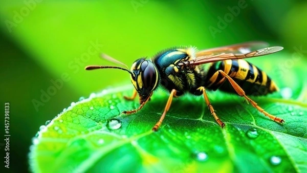 Fototapeta Close-up of a vibrant insect resting on a green leaf, showcasing vivid colors and intricate details of nature's small creatures in a natural setting