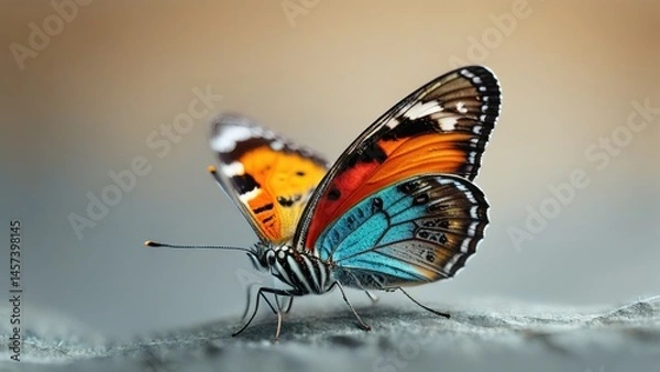 Fototapeta Vibrant Butterfly with Striking Colors Resting on Leaf, Showcasing Natural Beauty and Delicate Features in Soft Focus Background
