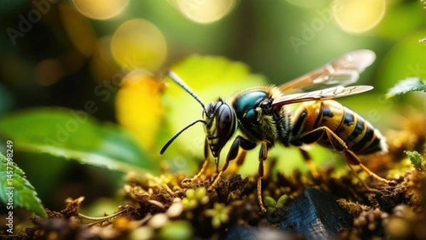 Fototapeta Close-Up View of a Vibrant Bee Captured in Natural Habitat Surrounded by Lush Greenery and Soft Bokeh Background Enhancing Its Beauty
