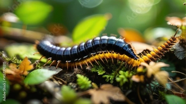 Fototapeta Colorful Millipede Crawling on a Leafy Forest Floor Surrounded by Greenery and Natural Light for Macro Photography Enthusiasts