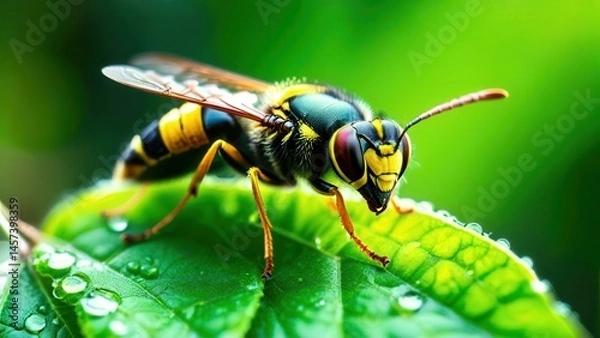 Fototapeta Close-Up of a Colorful Insect Sitting on a Leaf with Dew Drops Under Natural Light in a Lush Green Environment