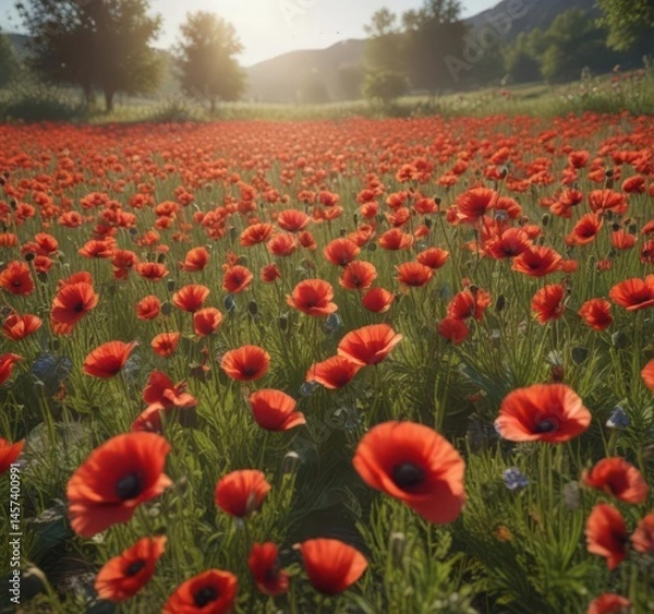 Fototapeta Sunlit meadow bursting with scarlet poppies, swaying gently , landscape, floral