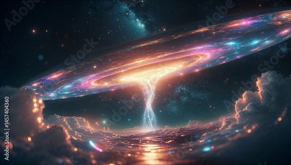 Fototapeta Huge bright glowing portal in a deep space fantasy scenery