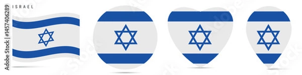 Fototapeta Israel waving flag, circle badge, heart shaped, map pin. Flat vector illustration isolated