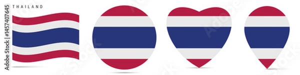 Fototapeta Thailand waving flag, circle badge, heart shaped, map pin. Flat vector illustration isolated