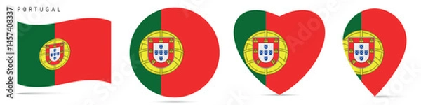 Obraz Portugal waving flag, round circle sticker badge, heart shaped icon, map pin. Portuguese flag buttons of different shapes. Vector illustration isolated on white.