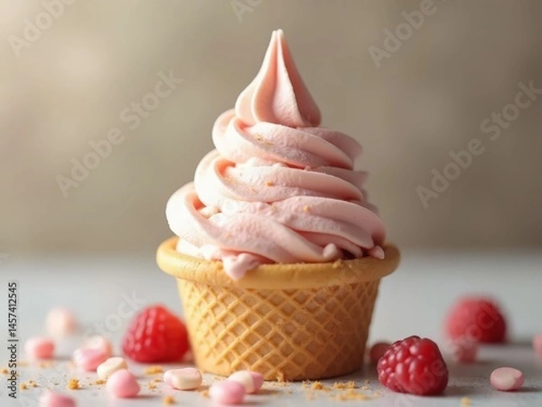 Fototapeta A small waffle cone cup holds pink soft-serve ice cream garnished with raspberries and small candies