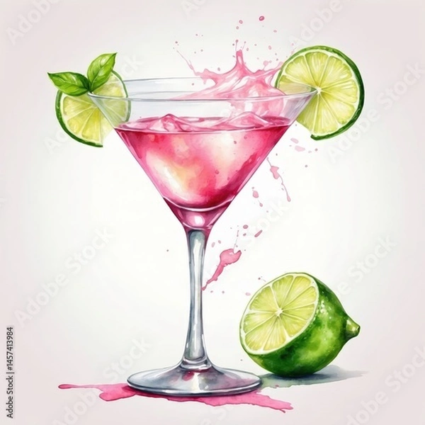 Obraz Pink Martini Cocktail with Lime Splash: Vibrant Tropical Beverage for Sophisticated Summer Party