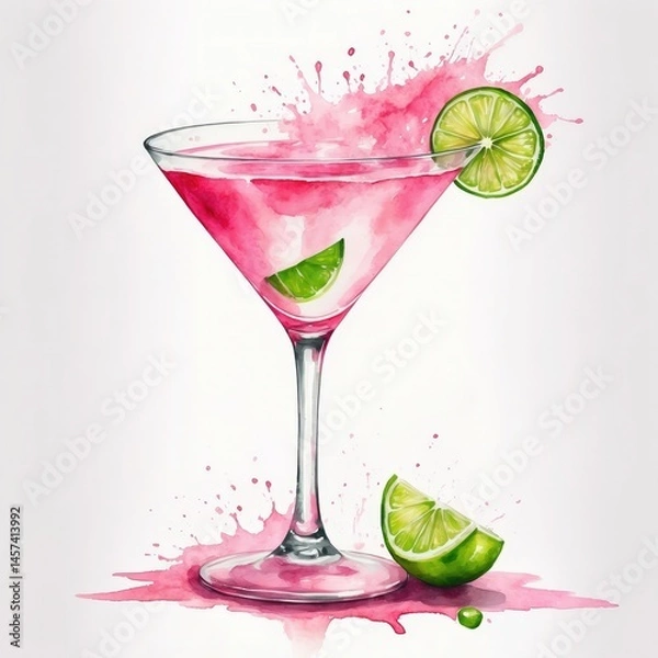 Obraz Refreshing Pink Martini Cocktail Illustration: Vibrant Watercolor Splash with Lime Garnish - Perfect for Summer Parties and Mixology