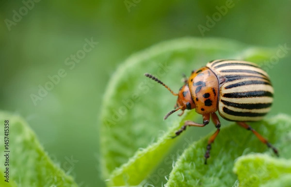 Obraz Colorado beetle on potato leaves. The Colorado potato beetles (Leptinotarsa decemlineata) destroy potato plants. Macro photo.
