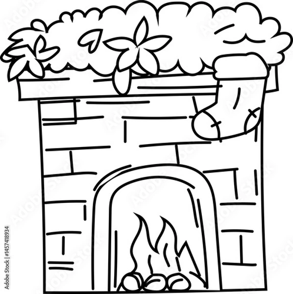 Fototapeta Fireplace - Christmas line art icon in black and white, perfect for festive designs, greeting cards and seasonal decorations