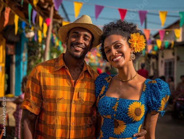 Obraz a young couple dressed in typical Festa Junina clothes, colorful clothes, vibrant colors, against a background of São João flags, lights