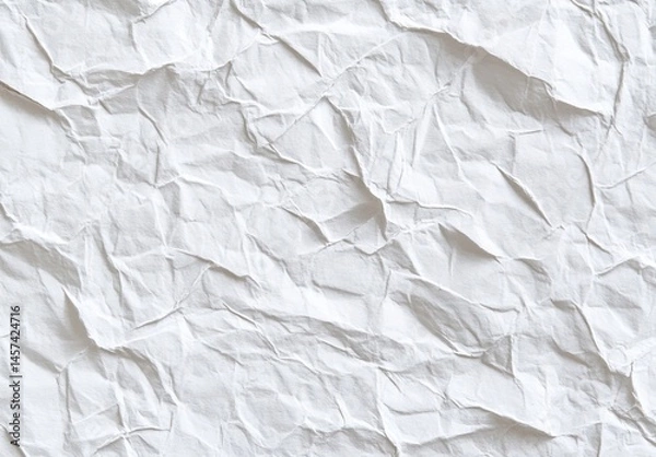 Fototapeta Close-up of crumpled white paper texture.  Wrinkled, creased, and uneven surface